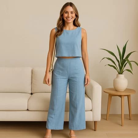Conjunto Pantalona em Linho Calça e Regata Social Elegante Moda Casual Feminino