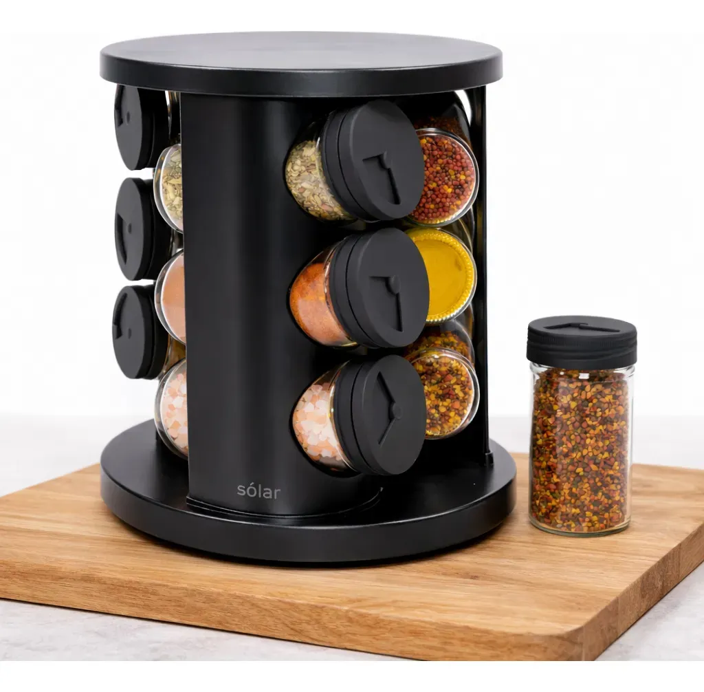 Porta Temperos e Condimentos Giratório 9 Potes Vidro Preto Sólar