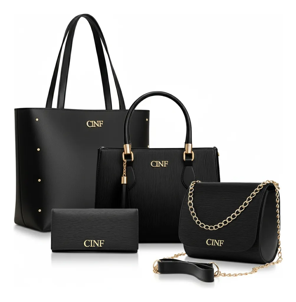 Kit Bolsas Feminina Sacola Transversal Tira Colo Carteira Cor Preta