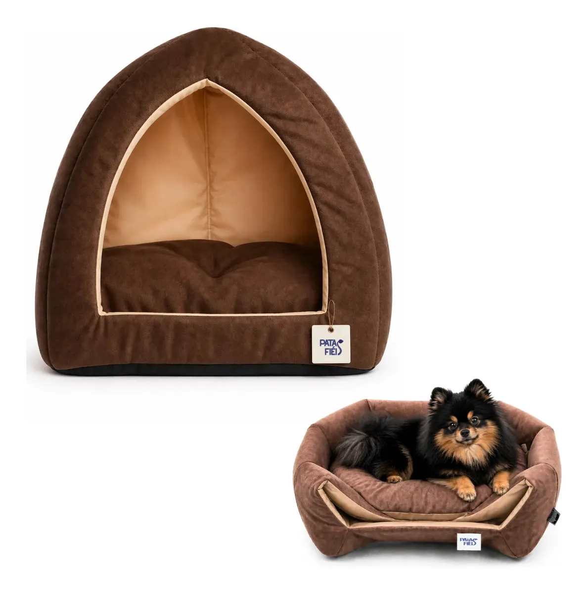 Caminha Casinha Toca Iglu Suede Patas Fiéis Chocolate e Bege Pequena