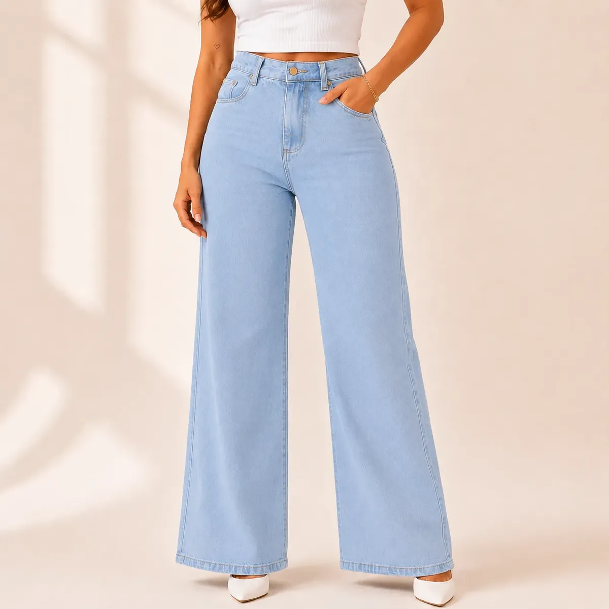 Calça Jeans Pantalona Wide Leg Feminina Cintura Alta Larga