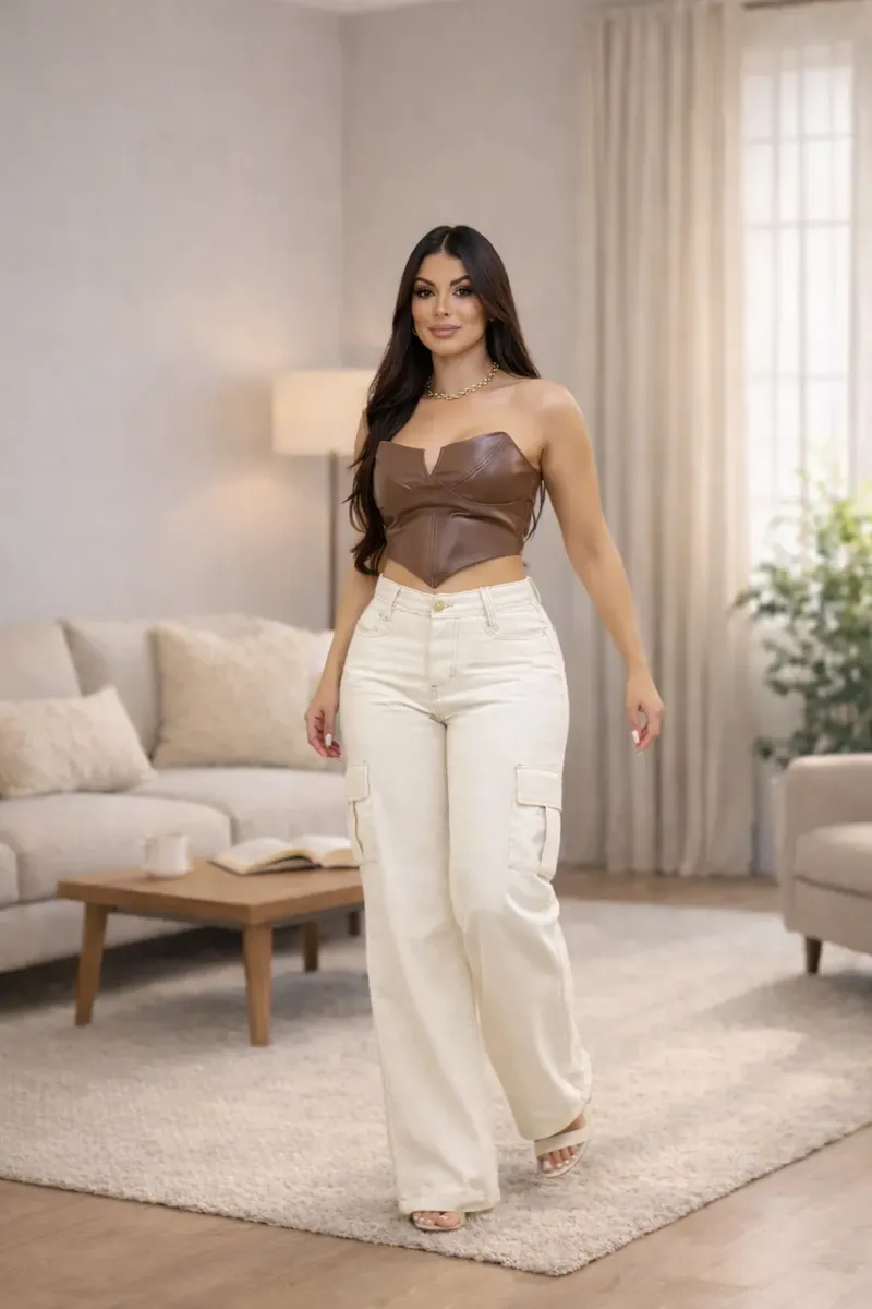 Calça Cargo Feminina Wide Leg Cintura Alta Jeans Stillger